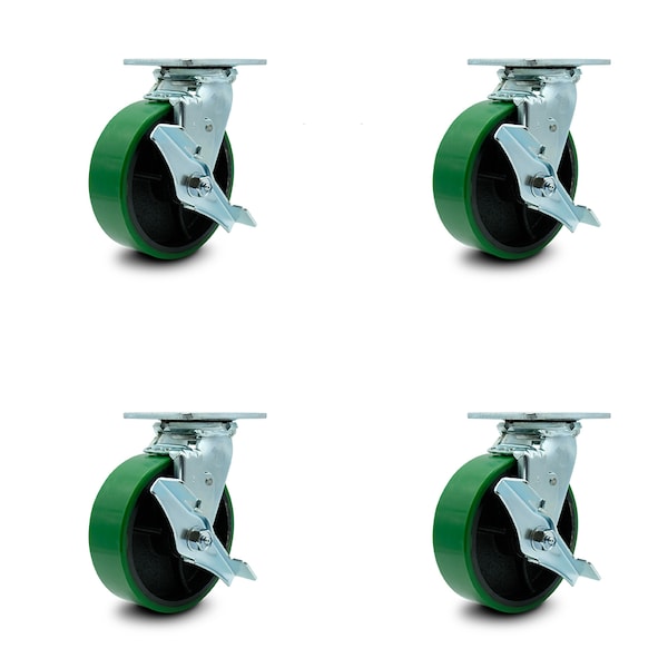 Service Caster 6 Inch Green Poly on Steel Caster Set with Roller Bearings and Brake/Swivel Lock SCC-30CS620-PUR-GB-TLB-BSL-4 - main